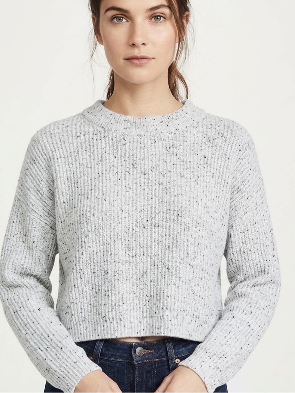 Light Gray Speckled Knit Sweater Cozy Minimalist Crewneck Size L